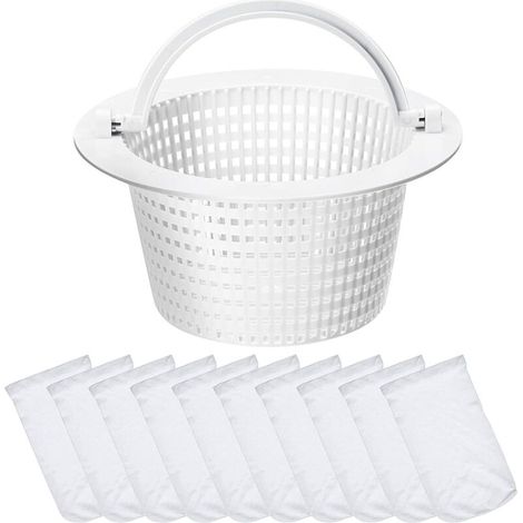 Panier de Skimmer Panier de Filtration Petite Taille Standard avec 10 Chaussettes de Skimmer de Piscine Filtres en Tissu de Nylon Élastique Durables (Poignée Blanche)