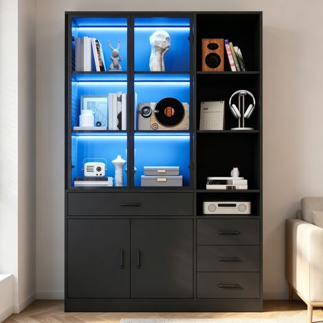 Bibliothèque vitrine 120x35x200 cm noire en panneaux de particules avec LED, 4 tiroirs et 13 rangements (1/5)