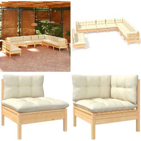 10-tlg. Garten-Lounge-Set mit Creme Kissen Massivholz Kiefer - Gartenzubehör - Gartenmöbel - Lounge Set - Kiefernholz Möbel - Outdoor Furniture - Home & Living (1/5)