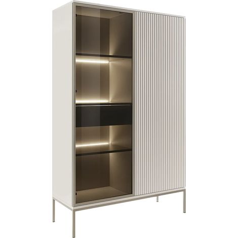 Vetrina 2 ante e 1 cassetto con LED in MDF e Vetro fumé Beige e Nero OVILA (1/3)