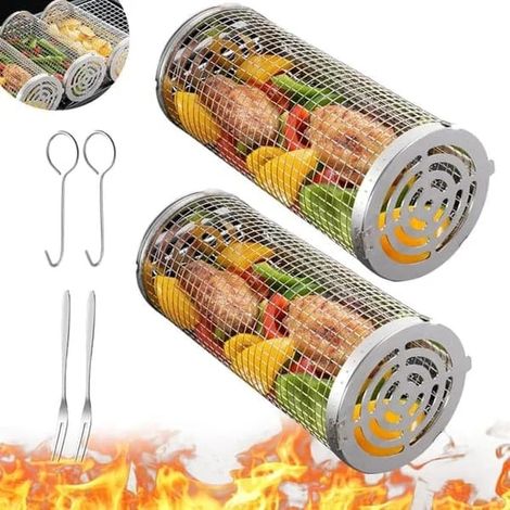 Lot de 2 paniers à griller rotatifs en acier inoxydable avec poignée amovible, pour le camping et les grillades au jardin. (1/5)