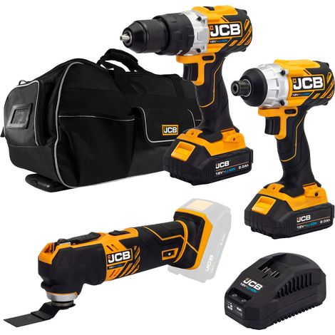 JCB 18V B/L Combi Drill B/L Impact Driver Multi Tool Kit 2x 2.0ah Lithium-Ion Batteries and charger in 26" wheeled kit bag (1/5)
