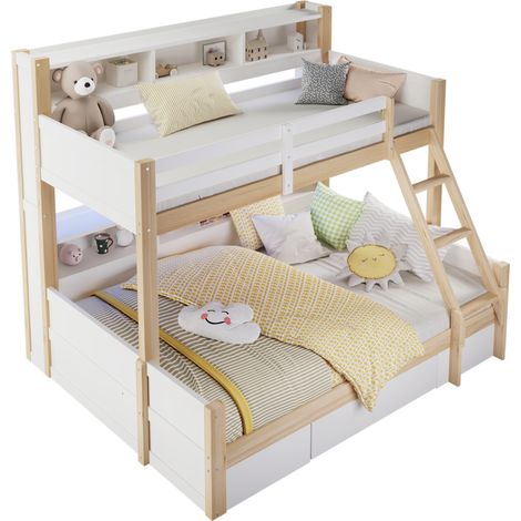 Lits superposés 90x200 cm + 140x200 cm avec échelle réversible, LED, rangements ouverts, tiroir et barrières de sécurité pour chambre d'enfant - CHICFURN (1/5)