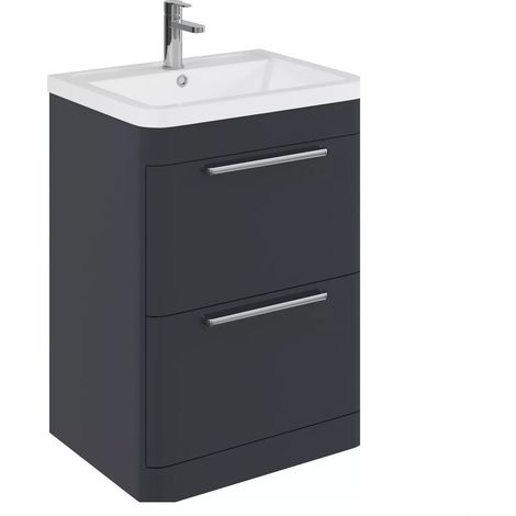 Balterley Calwich Contemporary Bathroom Floor Standing Vanity Unit with 2 Soft Close Drawers & 1 Tap Hole Ceramic Basin, Dark Grey, 600mm