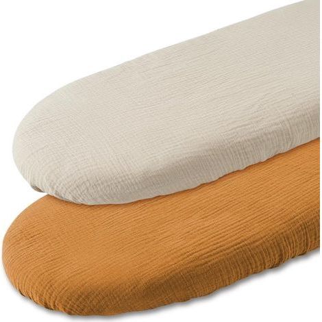 Lot de 2 pièces : drap-housse en mousseline pour lit bébé et matelas de poussette, beige et jaune, 80 x 40 cm housse de matelas à langer beige et jaune. (1/4)