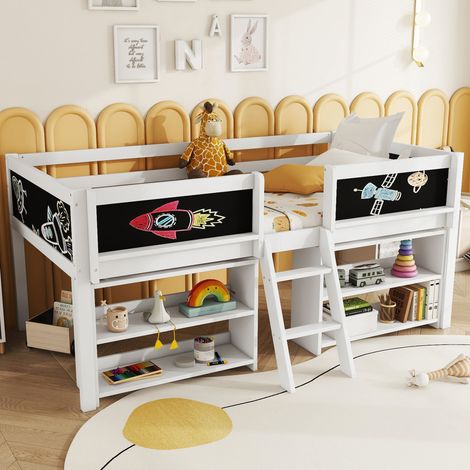 Letto a Soppalco 90x200 cm con Struttura in Pino e MDF Bianco (1/5)