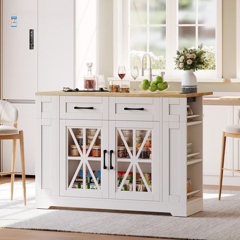 Desserte de cuisine 120x40(65)x92 cm avec table rabattable, prises, USB et portes vitrées, blanc et naturel (1/5)