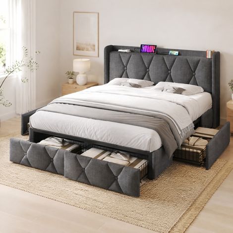 Lit avec tiroirs 140x200 gris, 4 tiroirs USB lin HAVRYA (1/5)