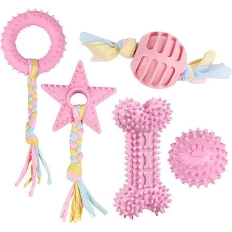 (Rose)Puppy Chew Toys, Lot de 5 Jouets en Corde Aggressive Chien, avec Boule de Silioce et Cordes en Cotons,Jouet de Nettoyage des Dents (1/4)