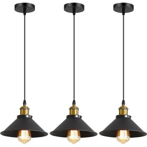 Lot de 3 lustres industriels, suspensions en métal, plafonniers, lampes suspendues avec ampoule, lumière chaude 3000 K, hauteur réglable, φ22 cm (1/5)