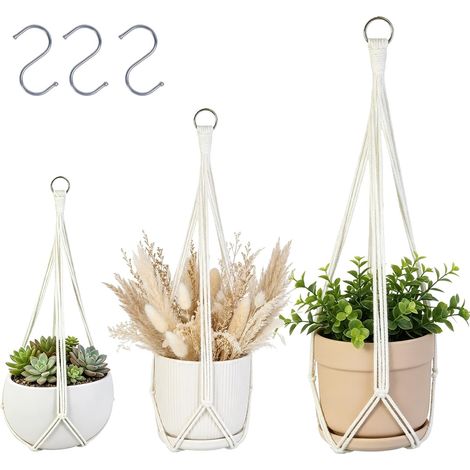 Lot de 3 Suspensions Macramé pour Plantes, Cache-Pot Suspendu Bohème en Coton Fait Main, 3 Tailles 58-89cm avec Crochets Métal, Support Plante Suspendu pour Balcon Salon Intérieur - Blanc (1/5)