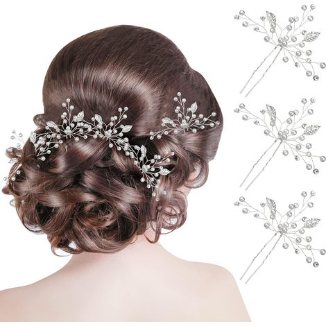 (Silber) 8-teiliges Braut-Hochzeits-Haarnadelset mit Perlen und Blattmotiv (1/5)