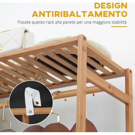 Portant en bambou naturel 6 niveaux avec barre de suspension et étagère, 90x30x145 cm, idéal pour chambre ou entrée. (1/5)