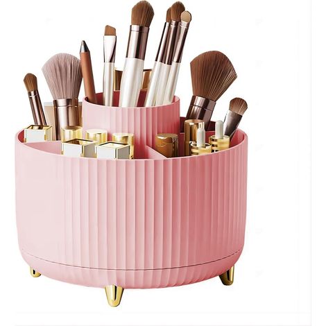 1 - Organisateur Maquillage - Rangement Cosmétique - Rotation 360° - 5 Compartiments Pour Coiffeuse Et Salle De Bains Rose