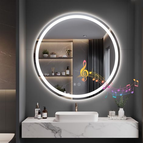 Miroir de salle de bain rond avec éclairage LED avec haut-parleur Bluetooth et interrupteur tactile, intensité variable, 3 couleurs de lumière, réglable, avec éclairage, anti-buée, 50 x 50 cm (1/5)