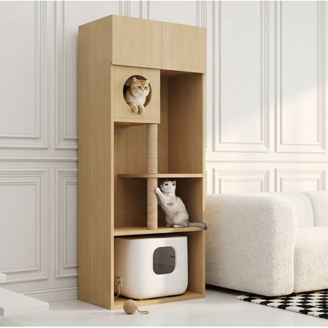 Armoire pour litière chat avec poteau griffoir, rangement, MDF naturel, 80 x 45 x 193 cm (1/5)