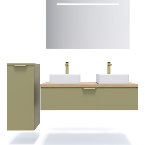 Meuble de salle de bain suspendu 2 vasques à poser 120cm 1 tiroir Vert olive + miroir + colonne ouverture gauche - Venice (1/5)