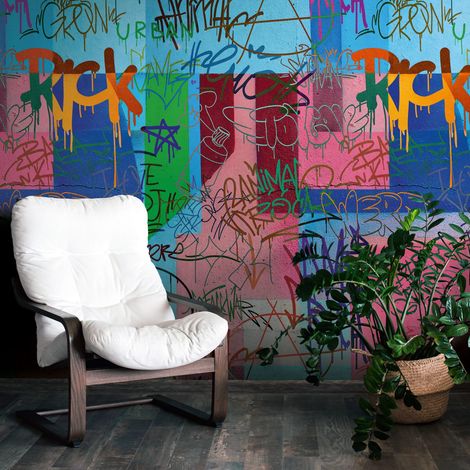 Fototapete Profhome 398241 heißgeprägte Vliestapete glatt Graffiti matt blau pink grün gelb 1,59 m x 2,8 m