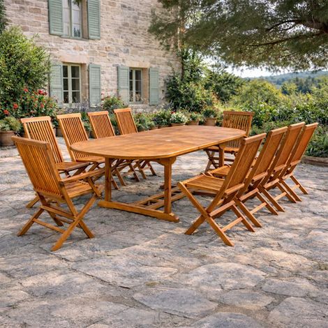 Gartentisch oval 8 Stühle und 2 Sessel aus geöltem Teakholz LUBOK
