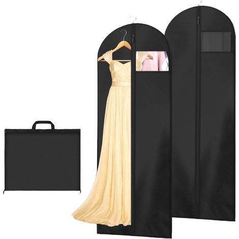 Pack de 2 housses de robe de mariée pliantes 180 x 60 cm zip, housse de suspension étanche à la poussière et à l'humidité pour manteaux, vêtements, robes de soirée (noir) (1/5)