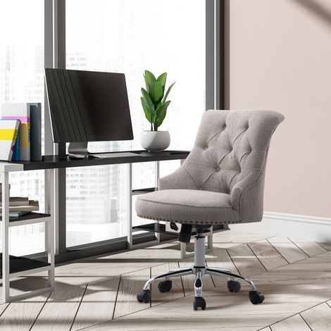 Fauteuil pivotant à roulettes, fauteuil de direction rembourré, rotation à 360°, capacité de charge de 150 kg, réglable en hauteur, lin, métal, gris clair, 54 x 65,5 x (84–91) cm (1/5)
