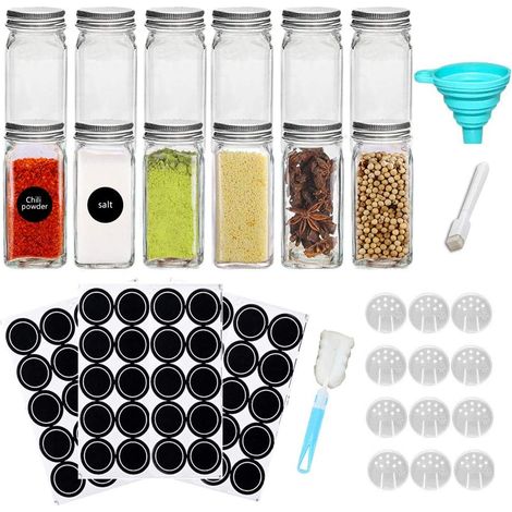 MINKUROW Confezione Da 12 Barattoli Per Condimenti - Barattoli Per Condimenti, Barattoli Di Vetro Quadrati, Capacità 120 Ml, Tappo Ermetico 10,5 X 4,3 Cm, Lavagna Ed Etichetta Trasparente, Coperchi Pe (1/5)