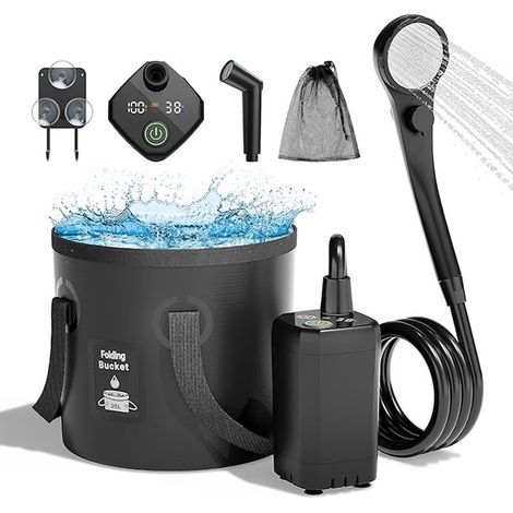 Ensemble de douche de camping portable, avec seau pliable, pompe à eau rechargeable 6000 mAh, pommeau de douche filtrant, affichage numérique, débit d'eau réglable, usage extérieur, noir (1/5)