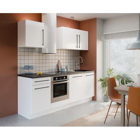 NOVACOOL - Bloc cuisine complete - Blanc mat / Gris - 220 x 60 x 204 cm - Plan de travail inclus (1/2)