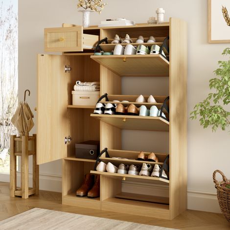 Meuble à chaussures en rotin avec 3 vantaux, 1 tiroir et 1 porte, meuble de rangement multifonction pour entrée, salon et petits logements, 80,5 × 25 × 125 cm. (1/5)