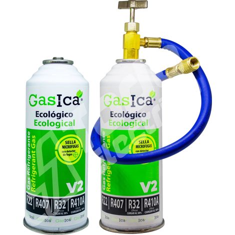 Pack 2 Botellas Gas refrigerante orgánico Gasica V2 Sustituto R22/R407 R410A con Manguera recarga aire acondicionado