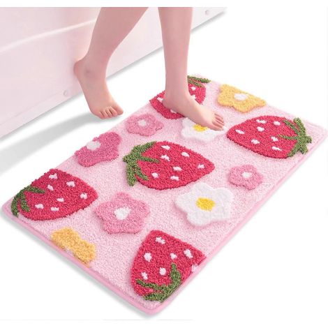 Tapis de bain rose fraise (lot de 2) - Antidérapant - Lavable - Multicolore - Microfibre douce - Absorbant - 45 x 65 cm (1/5)