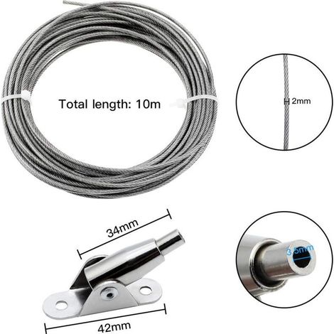 Cavo in acciaio inox rivestito in PVC da 2 mm x 10 m con cavo metallico e viti di fissaggio per appendere foto, vestiti, lampade, tende, carico massimo 30 kg. (1/4)