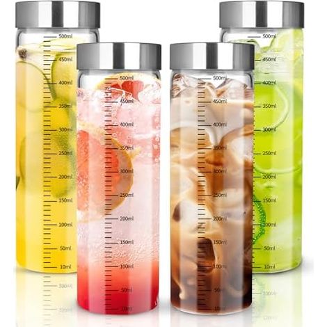 Lot de 4 bouteilles en verre graduées de 500 ml, gobelets à smoothie avec couvercle en acier inoxydable, bouteilles d'eau en verre réutilisables, adaptées aux smoothies, jus, lait, café (1/5)