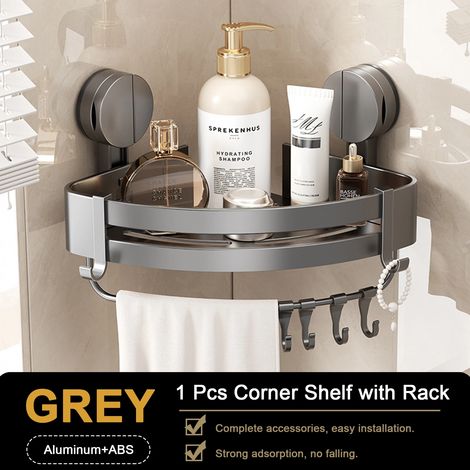 (1 étagère grise) Étagère de salle de bain murale pour douche, organiseur de flacons de shampoing, étagère d'angle de rangement sans perçage, accessoires de salle de bain (1/5)