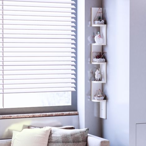 Étagère d'angle murale à 5 niveaux, 120 cm de hauteur, forme en zigzag, bois blanc (1/5)