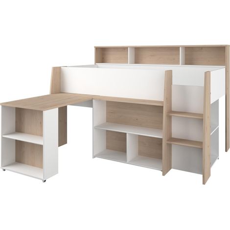 PARISOT Lit combiné enfant avec bureau rétractable - Décor blanc et chene - 90x 200 cm - Sommier inclus -THEO