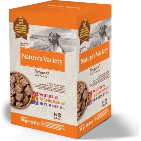 Pâté Nature's Variety Original pour chiens de petite taille : Poulet (1 pièce) + Bœuf (2 pièces) + Dinde (1 pièce) - 4 x 150 g
