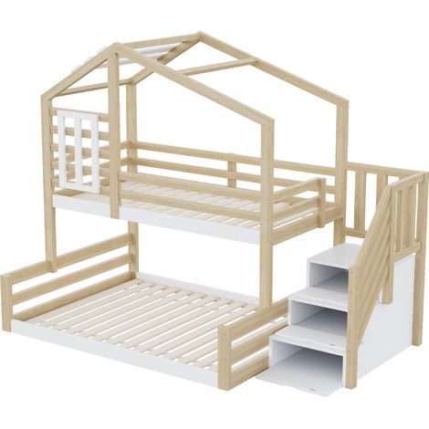 Lit superposé, 90200cm, bois de pin, lit avec fenêtre, barre de toit en forme de maison, garde-corps, escalier de rangement, naturel