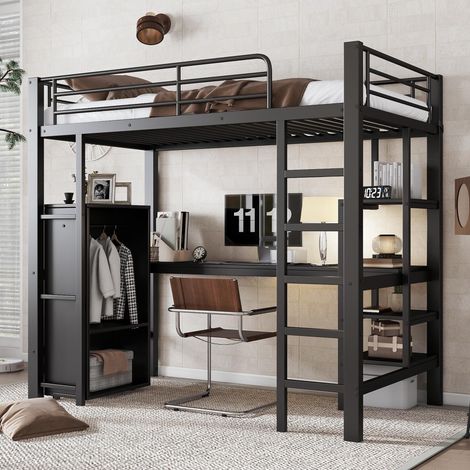 Lit superposé en fer, idéal pour enfants et adolescents, avec table et armoire, nombreux rangements, échelle à 5 marches, fer et panneaux de particules, noir, 90 x 200 cm