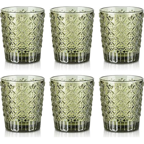 Set of 6 Green Drinking Glasses, 320 ml Juice and Soda Glasses, Modern Water Glasses with Embossed Sugar Square, Table Glass for Orange Sparkling Water, Aperitif and Beer, Dishwasher Safe (1/5)