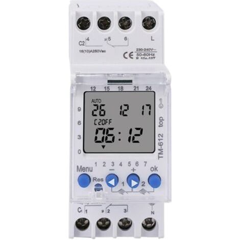 TM612 220 VCA 16 A 6 broches 2 NO 2 NC 2 canaux Grand écran LCD Horloge programmable 24 h avec deux sorties relais Minuterie 2 NO (TM612 12 V)