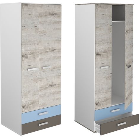 Kleiderschrank LEEDS-10 mit 2 Türen und 2 Schubkästen, Sandeiche Nb./weiß/Lava/Denim, B/H/T ca. 75,6/193,5/60,0 cm (1/5)