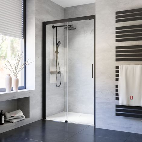 Schulte – Porte de douche coulissante 120 x 200 cm – Verre de sécurité 8 mm anticalcaire – Profilé noir – Système softclose pour ouverture fluide