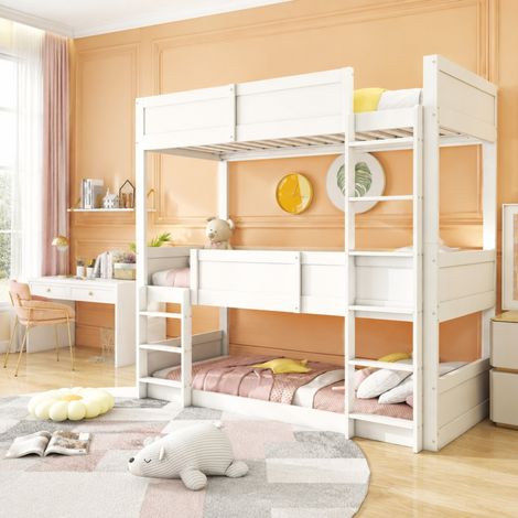 Kinderbett 90 x 200 cm, dreistöckig, mit Schutzgitter, Weiß OKMYHOME (1/5)