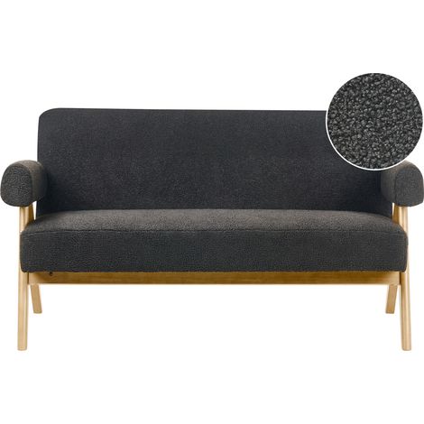 Sofá 2 plazas retro salón tapizado de bouclé patas de madera negro y marrón claro Tamre