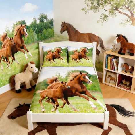 Parure de lit avec housse de couette douce à motif 3D de cheval au galop pour enfants, garçons, filles, adolescents – couvre-lit pour lit double (1/4)