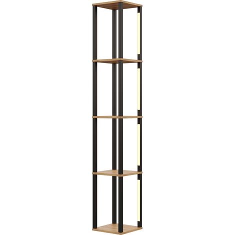 Étagère 4 niveaux en MDF avec éclairage LED réglable, 26 x 26 x 165 cm, finition bois naturel et noir (1/5)