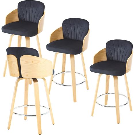 Barhocker für Küche Esszimmer Wohnzimmer Drehbar aus Samt mit Holzbeinen Gepolsterte Schwarz 4er Set Wahson