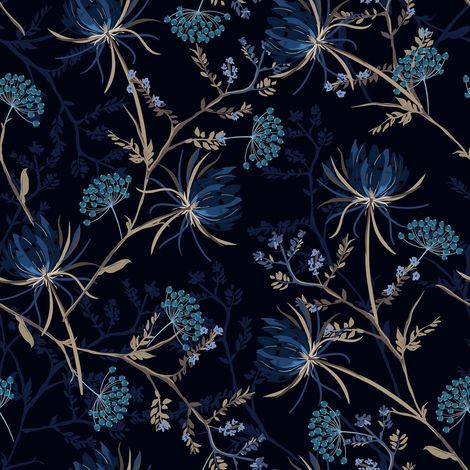CCYKXAPapier Peint Fleur Bleu Pissenlit Papier Peint à Fleur Noir Vintage Mural Stickers Feuillage Bleu Tropical Mural Stickers Adhésif pour 44,5cm×300cm (1/5)