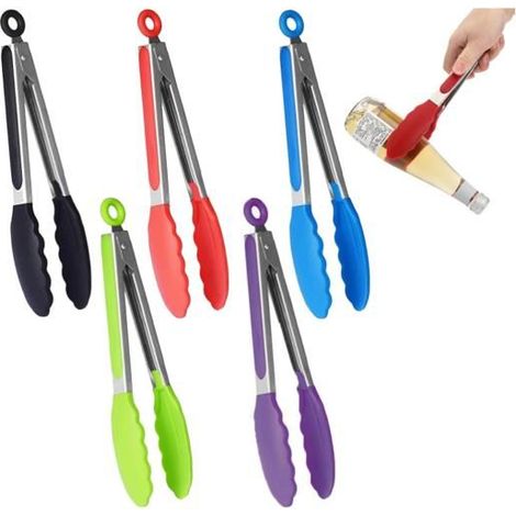 5 pièces pince cuisine silicone, pince inox 7 pouces, embouts silicone résistants à la chaleur pour cuisine et buffet